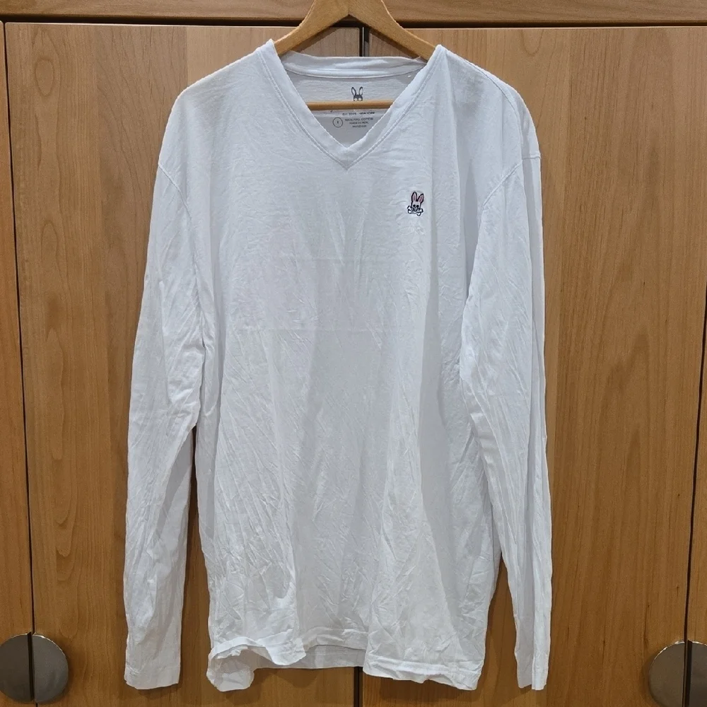 Psycho Bunny White Long Sleeve V-Neck Tee, VGUC, Made In Peru